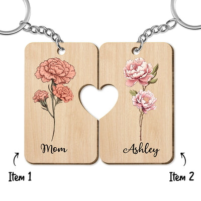 Mom And Daughter Birth Month Flowers Personalized Set Of Two Wooden Keychains