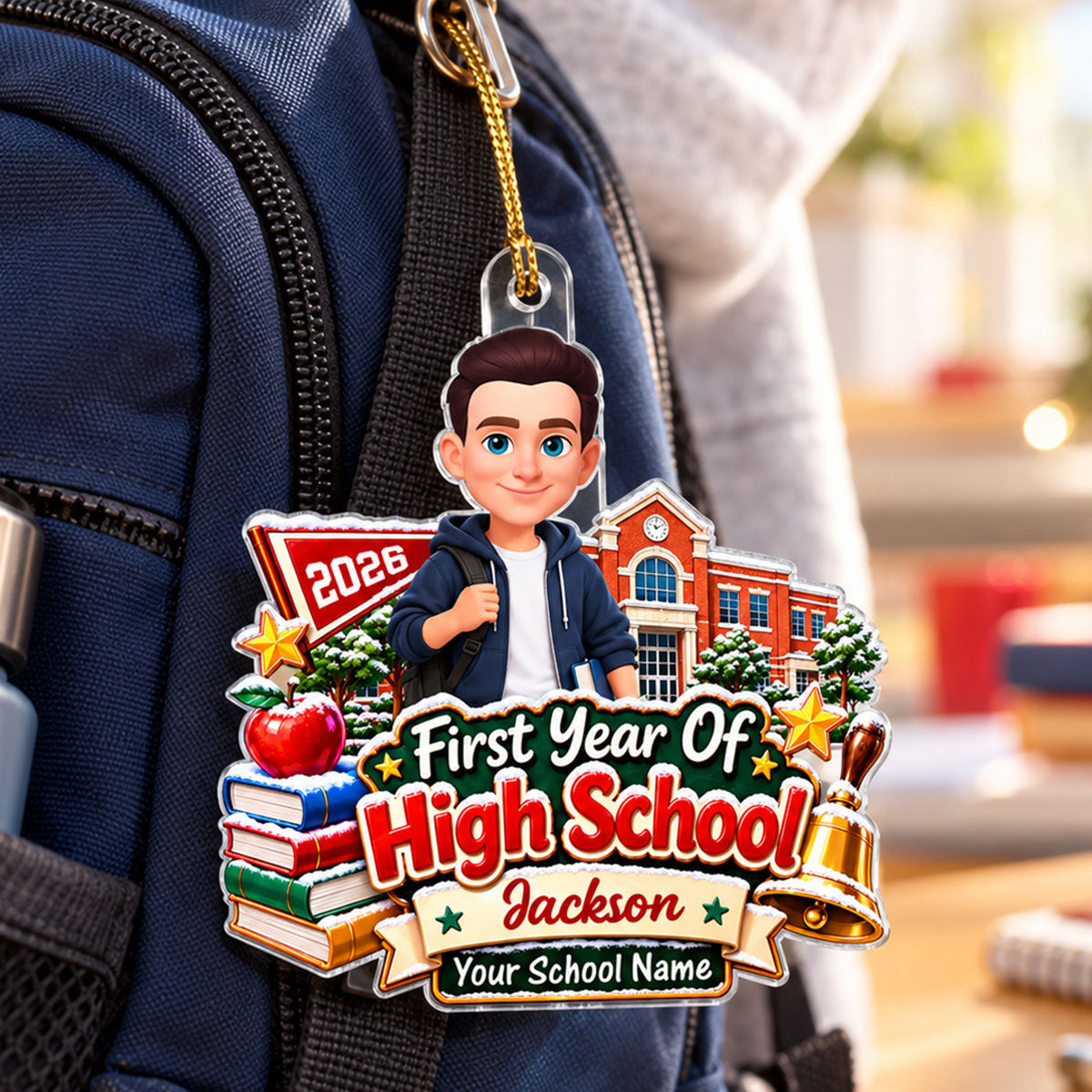First Year Of High School Snowy Schoolhouse - Personalized Acrylic Ornament - Christmas Gift For Freshman, Son, Daughter, Grandkids