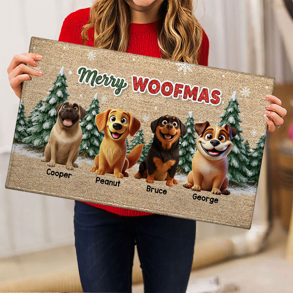 3D Effect Snowy Christmas Tree Beautiful Dog Merry Woofmas Christmas - Personalized Doormat