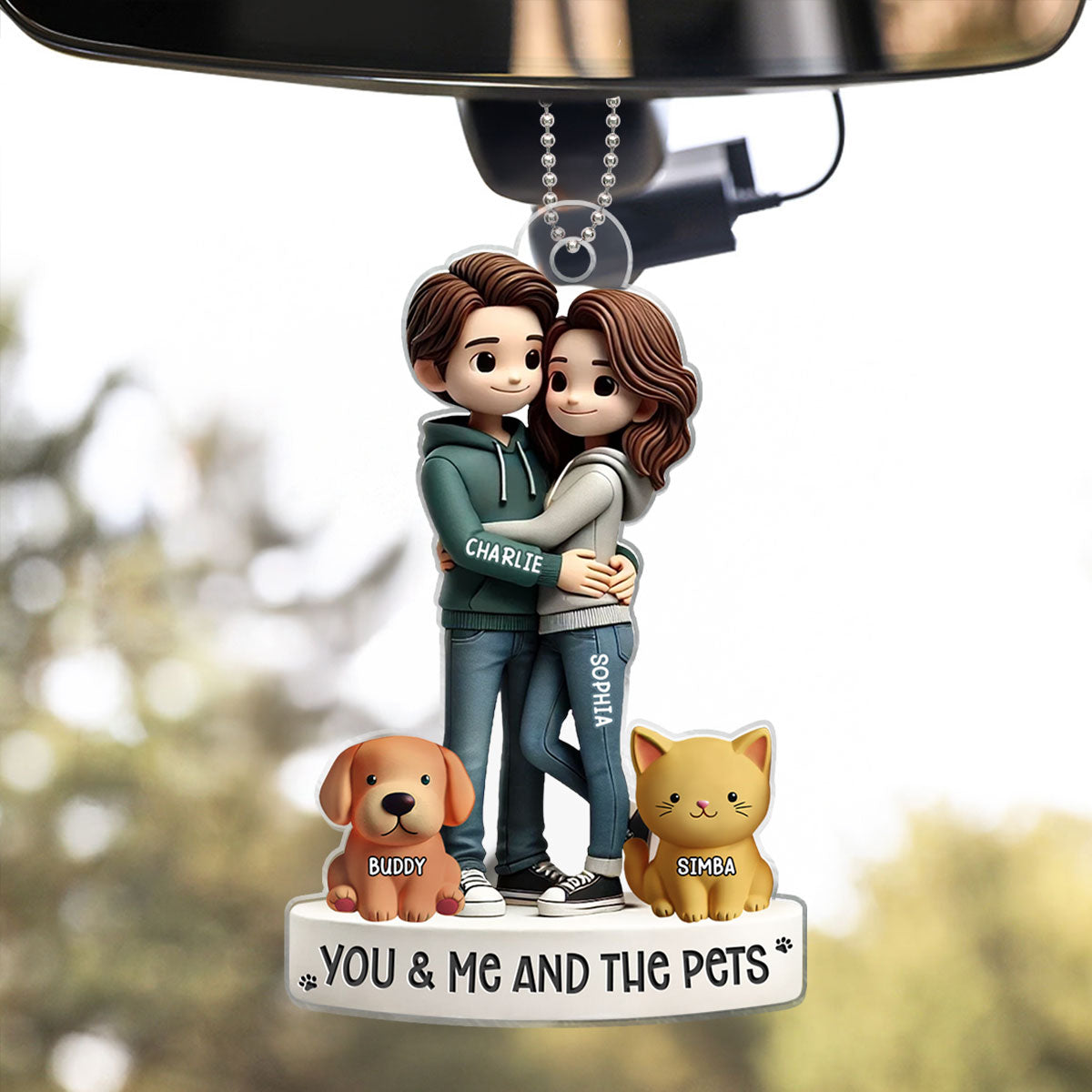 Couple Hugging You Me And The Dog Cats Personalized Acrylic Car Hanger Ornament, Heartfelt Gift For Couple, For Dog Lovers, Cat Lovers, Pet Lovers
