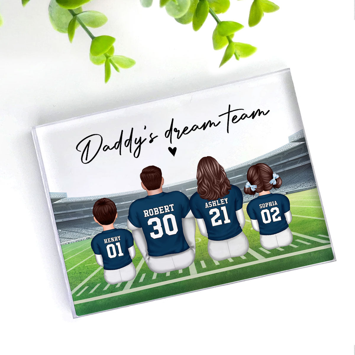 Daddy's Team Football Family Sitting Back View Personalized Acrylic Block, Father's Day Gift
