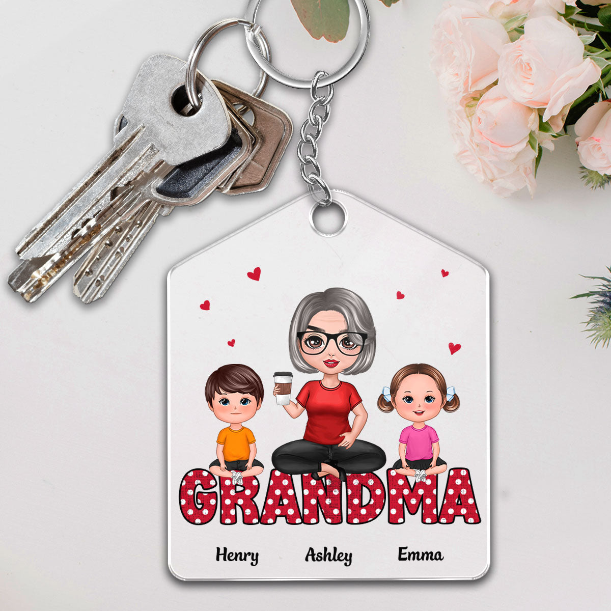 Grandma Polka Dot Pattern Doll Woman & Kids Sitting On Word Personalized Acrylic Keychain