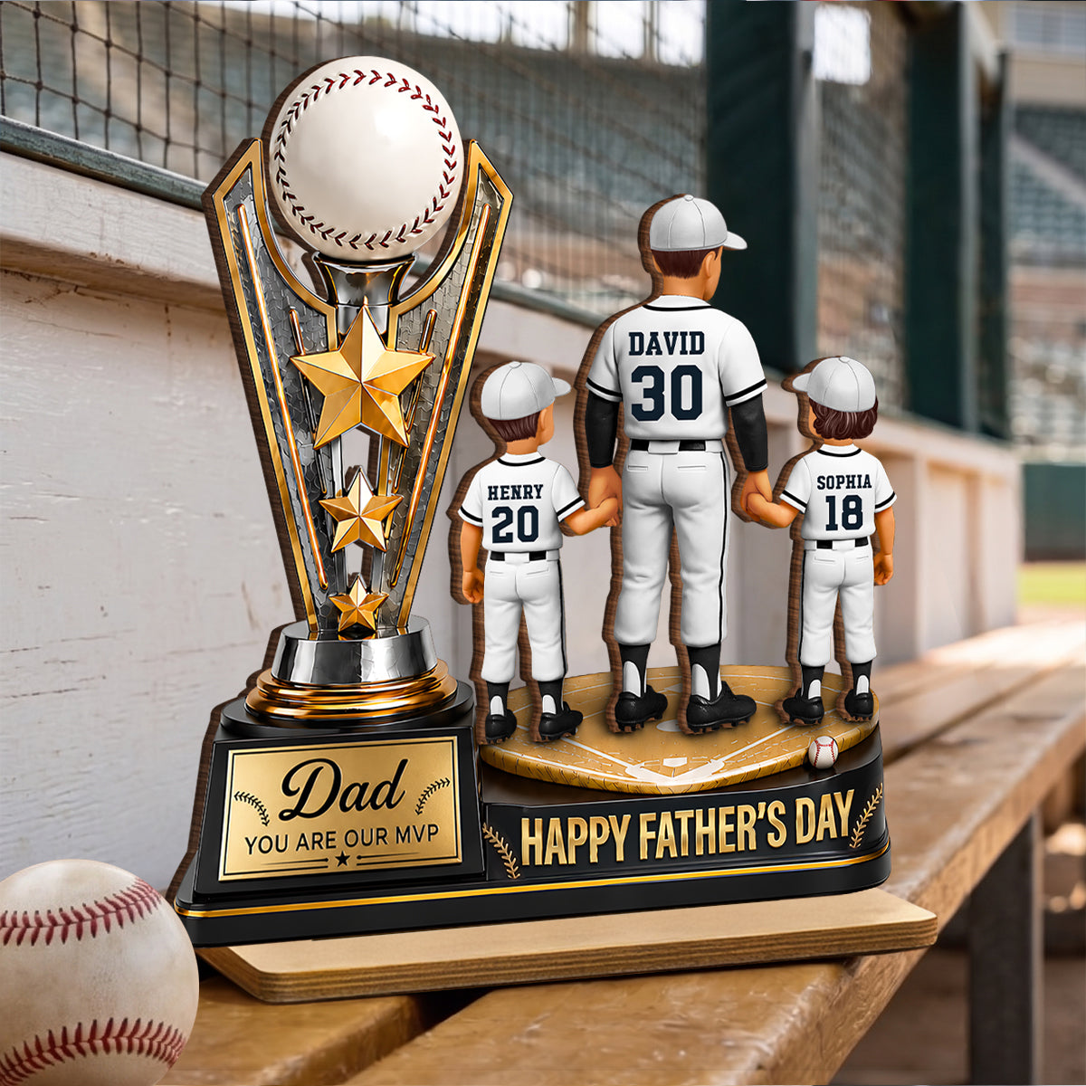 Baseball MVP Dad Trophy - Personalized 2-Layered Wooden Plaque - Father's Day Gift for Dad, Husband