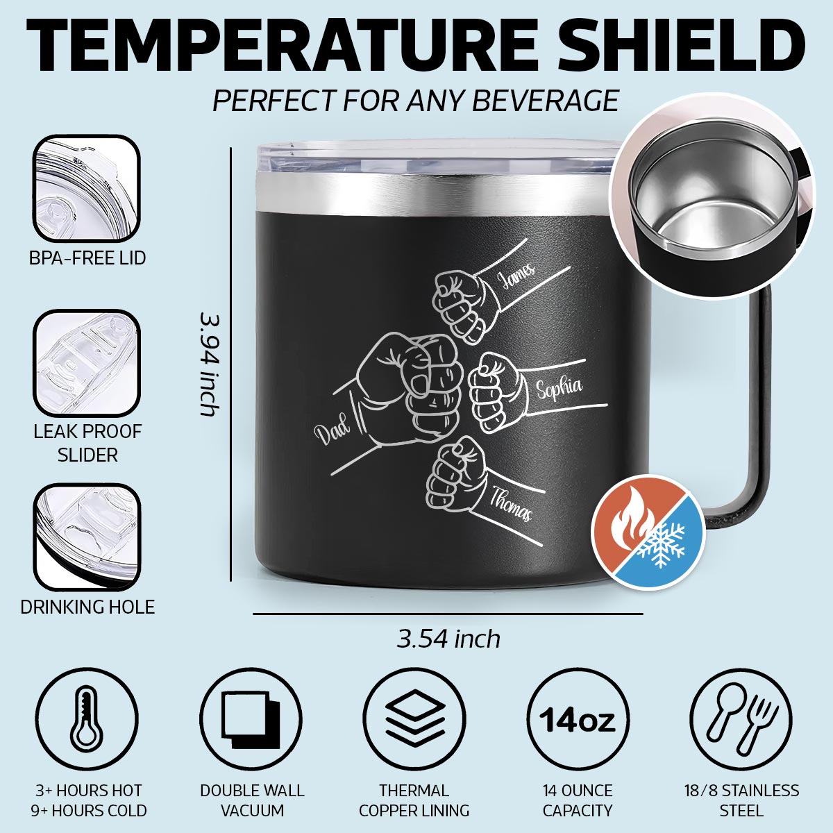 Dad & Kids Fist Bumps Outline Personalized Stainless Steel Tumbler With Handle, Father's Day Gift