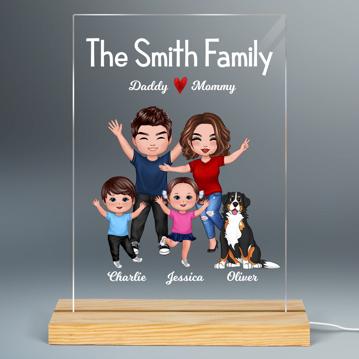 Happy Family Doll Couple Dad Mom Kids Dogs Cats - Personalized Acrylic Block Plaque LED Night Light