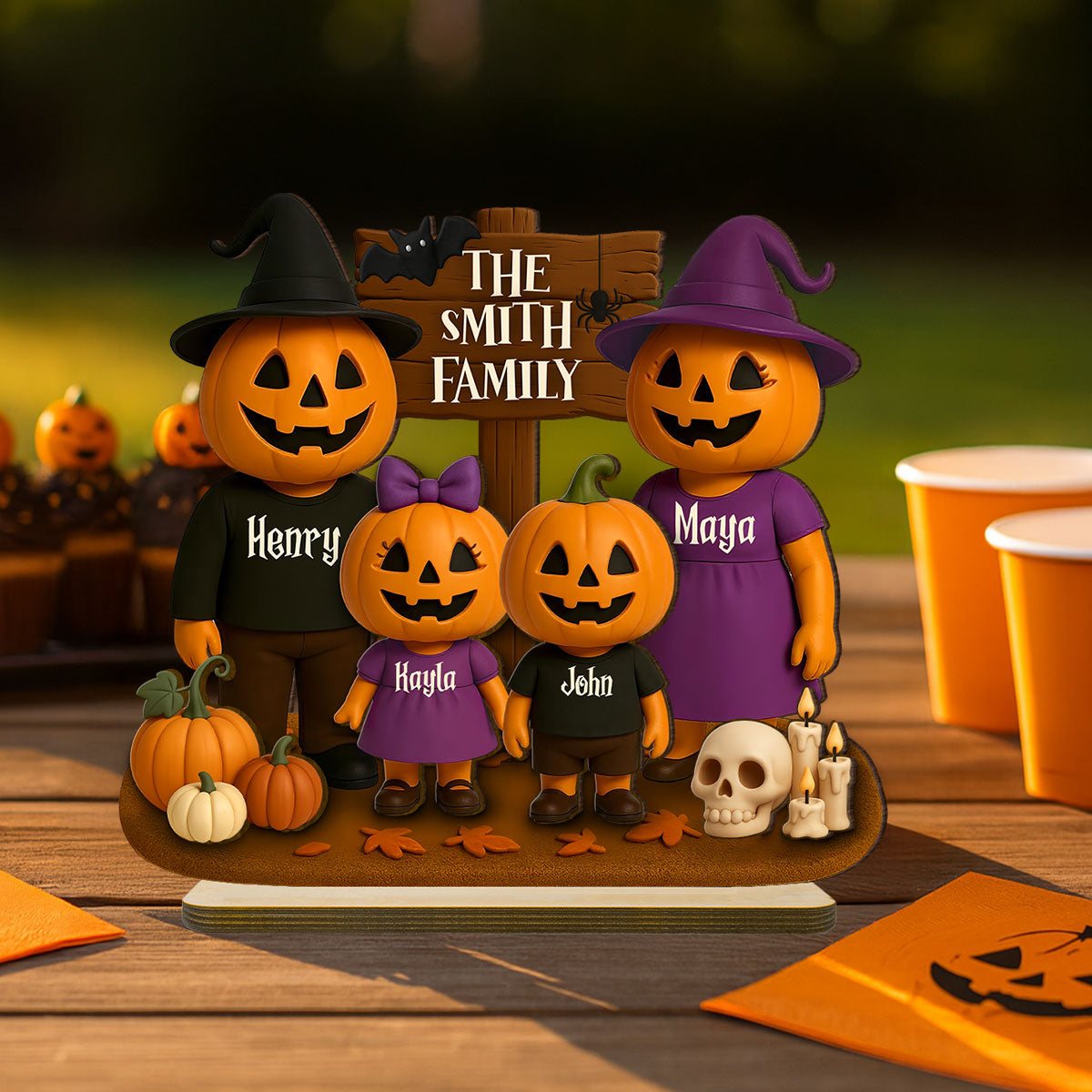 Jack O' Lantern Family 3D Effect Personalized 2-Layered Standing Wooden Plaque, Halloween Decor