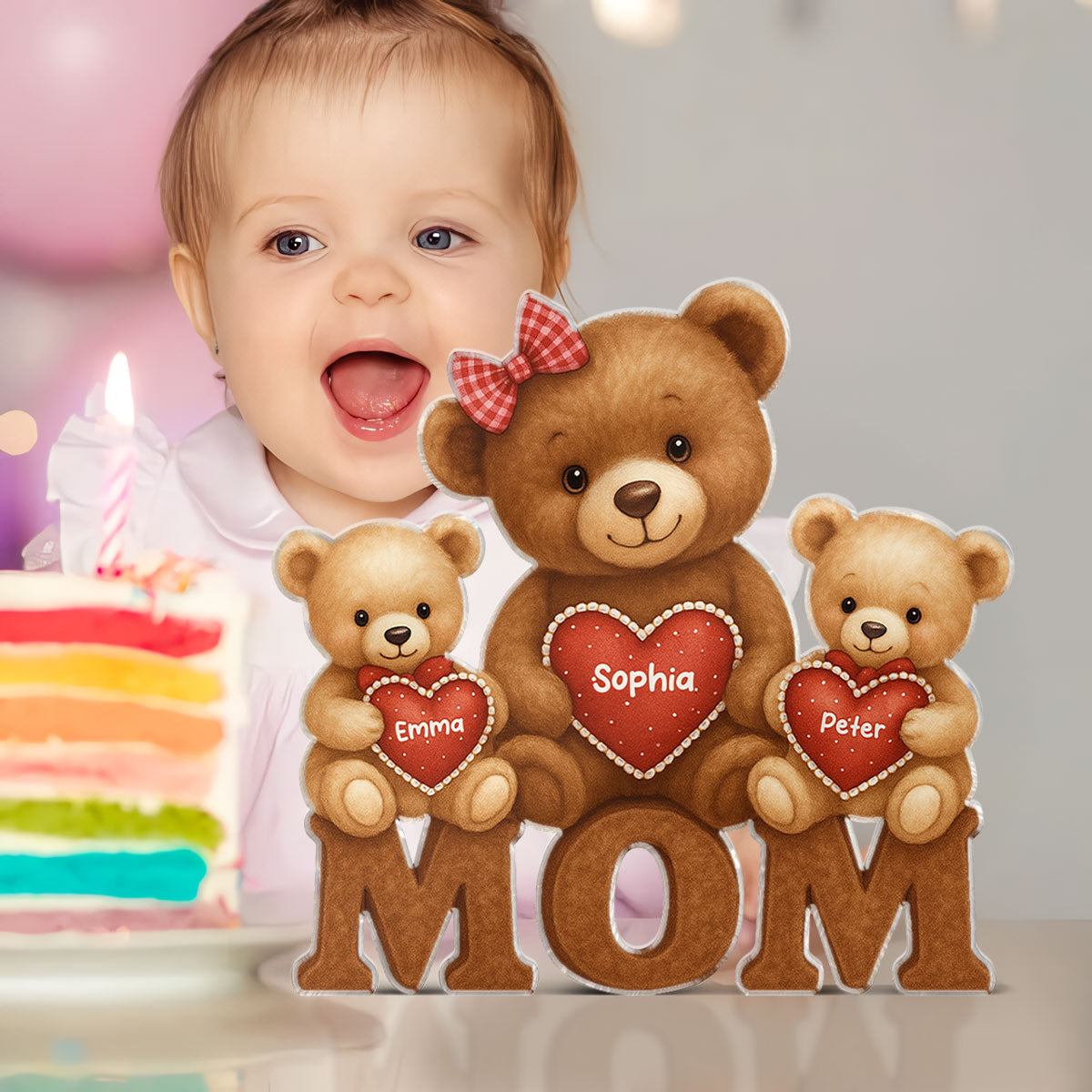 3D Effect Mama Bear Personalized Custom Shape Acrylic Block Plaque, Gift For Mom