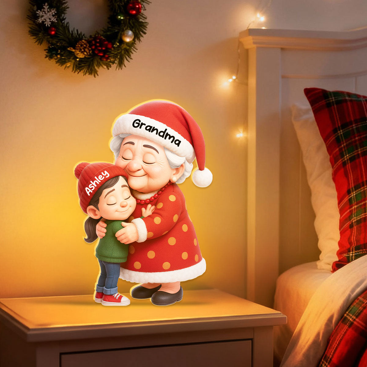 Cute Cartoon Grandma Hugging Grandkid - Personalized Light Box - Christmas Decor, Christmas Gift for Grandma