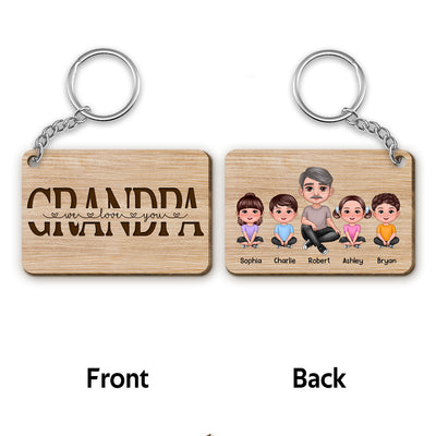 Best Grandpa Ever Doll Sitting Man & Kids Dog Cat Personalized Wooden Keychain