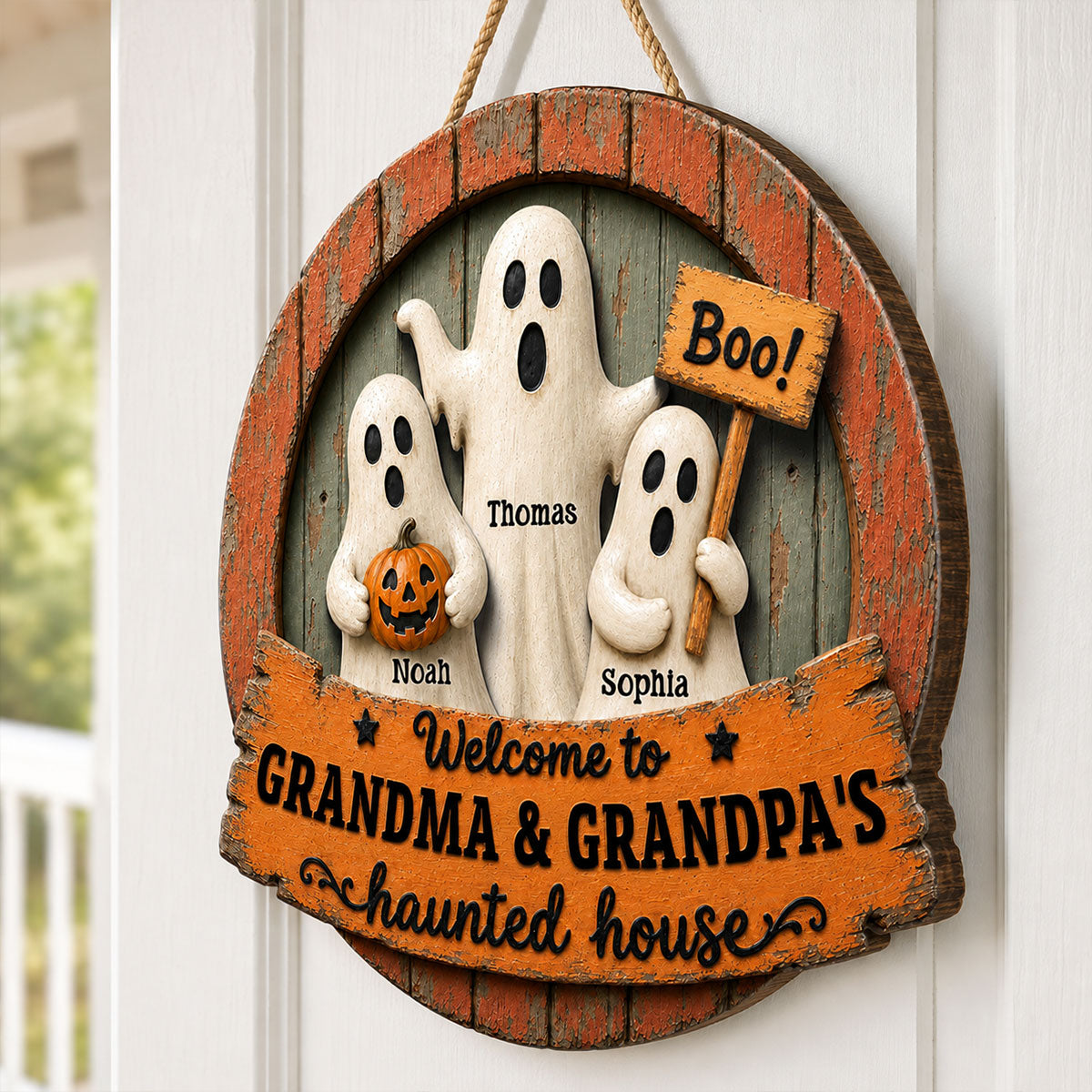 Welcome to Grandma Grandpa's Haunted House - Personalized Door Hanger - Halloween Decor for Grandparents