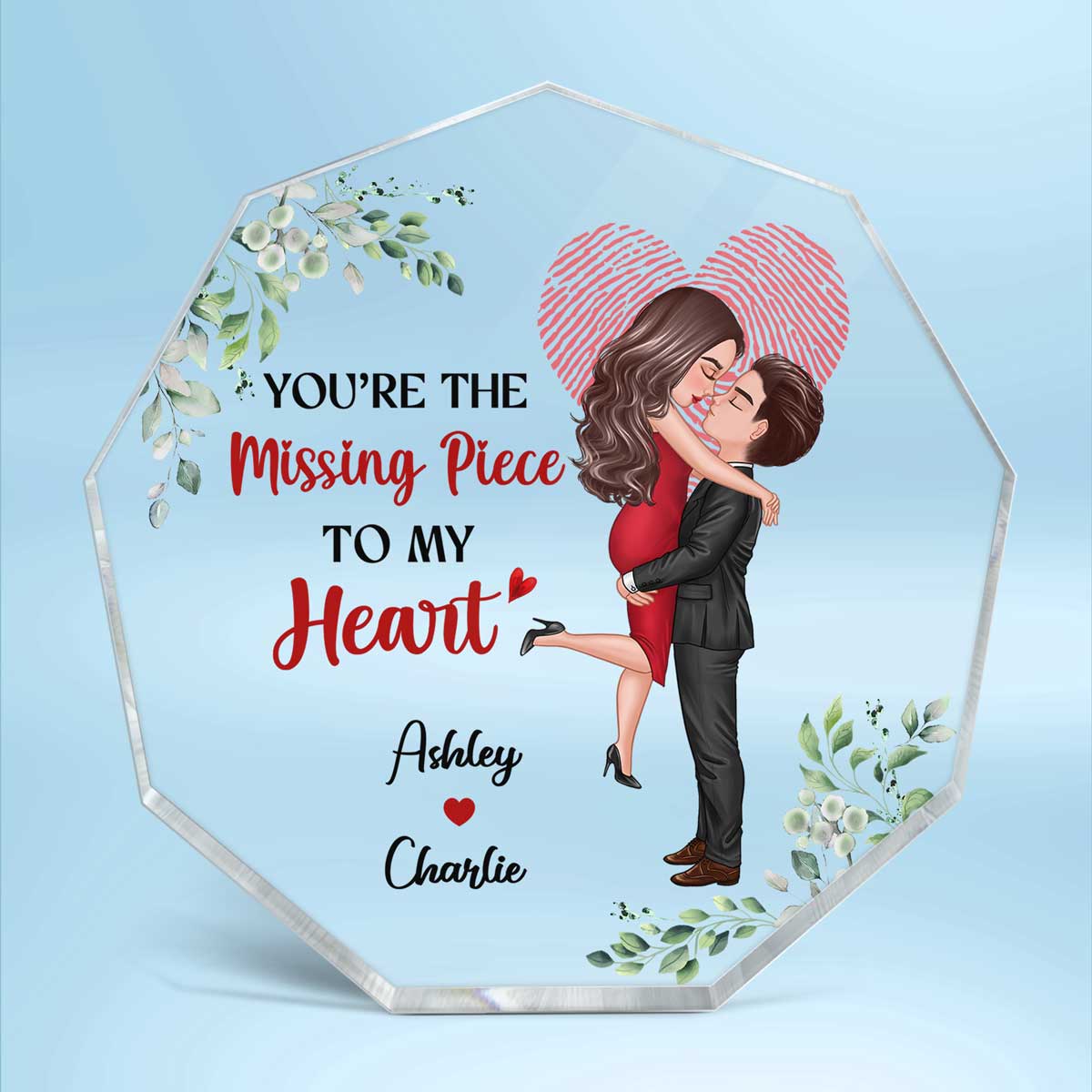 The Missing Piece Couple Heart Fingerprint Personalized Acrylic Nonagon Plaque