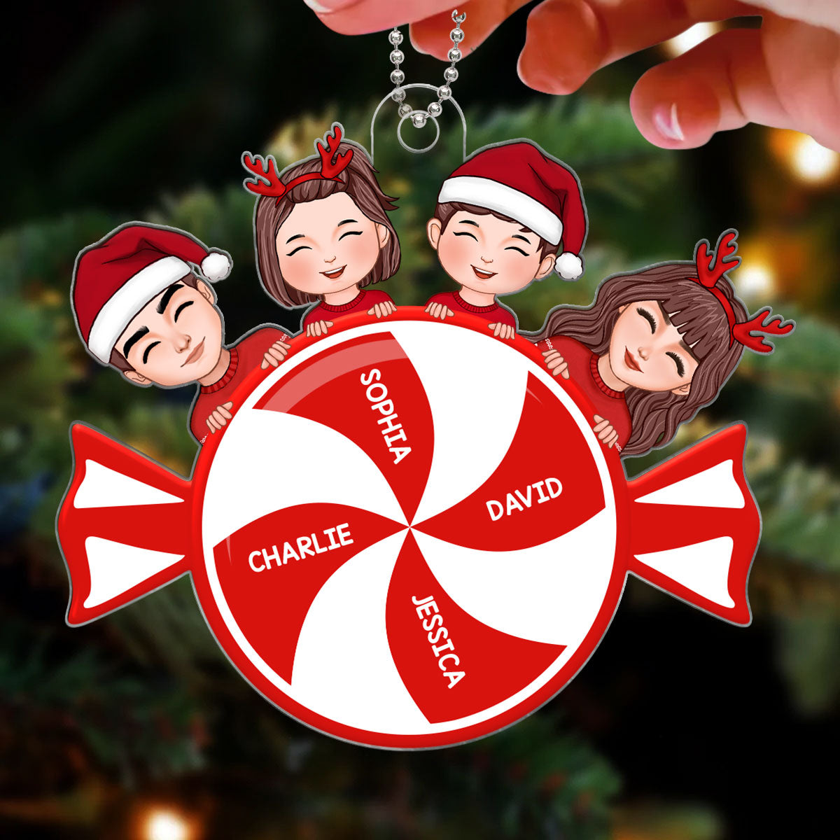 Family Dad Mom Kids Dogs Cats Christmas Peppermint Personalized Acrylic Ornament