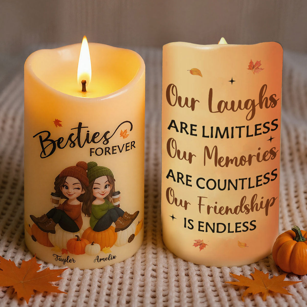 Fall Season Besties Cozy Vibe Our Friendship Is Endless Personalized LED Candle, Gift For Best Friends