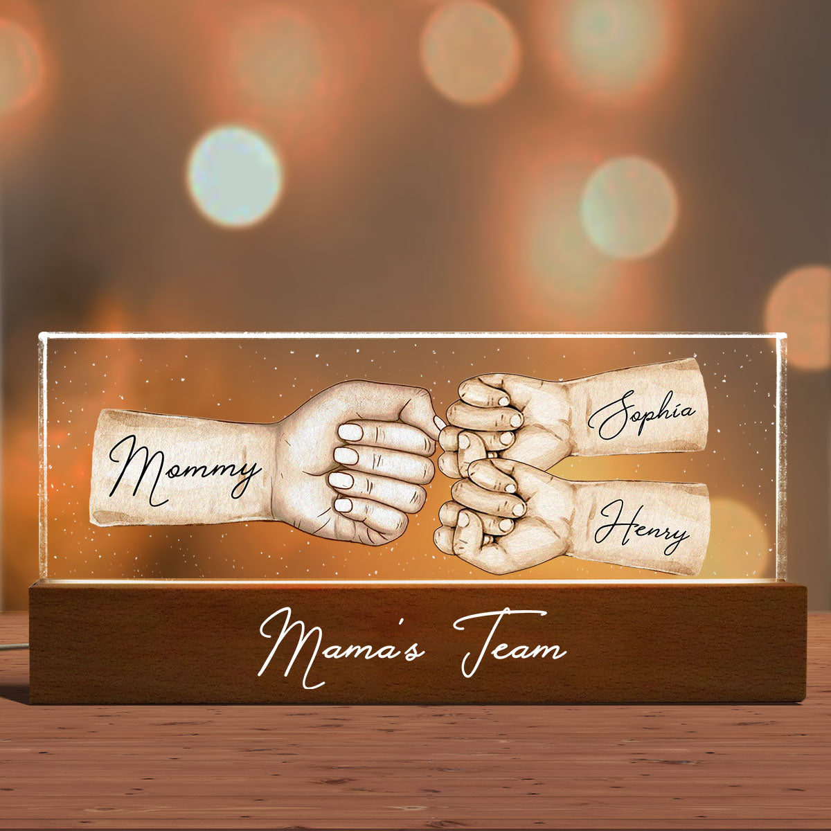 Mama's Team Fist Bump Personalized Acrylic LED Night Light, Gift For Mom, Grandma