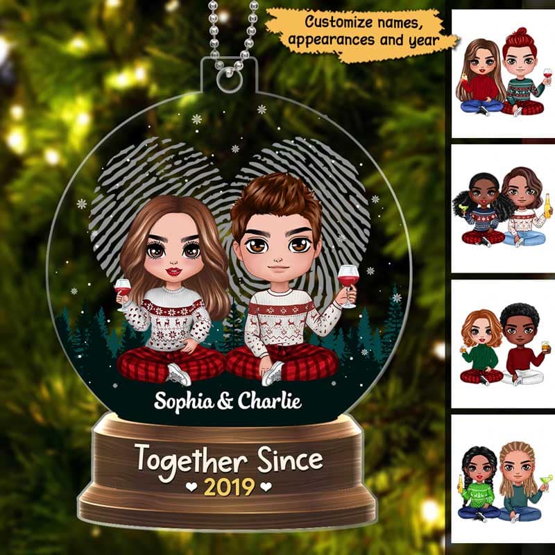 Doll Couple Sitting In Snow Globe Personalized Acrylic Ornament