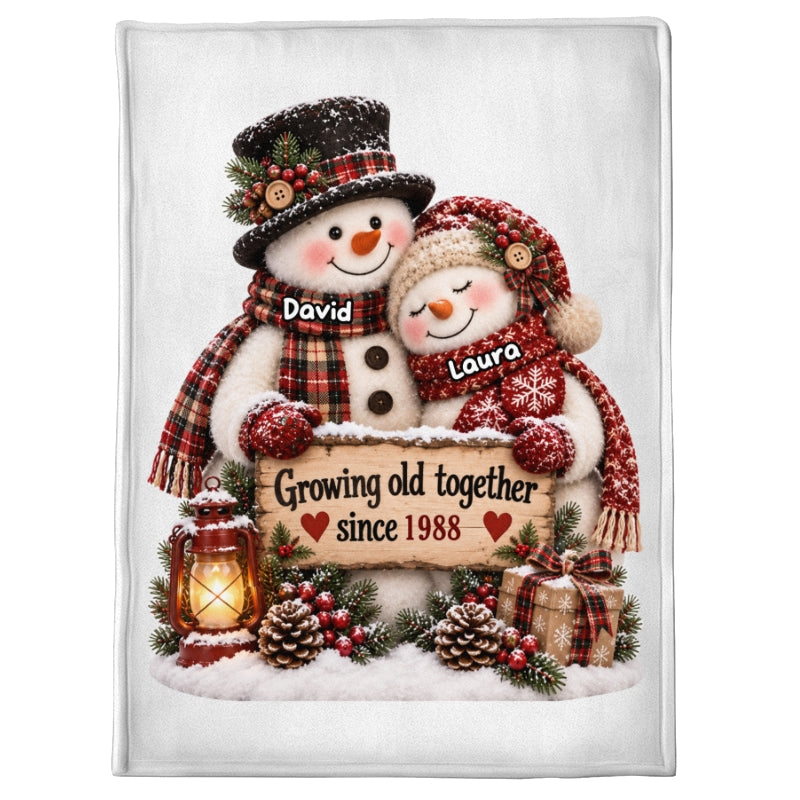 Snowman Couple Hugging Growing Old Together - Personalized Fleece Blanket - Heartfelt Christmas Gift for Her, for Him