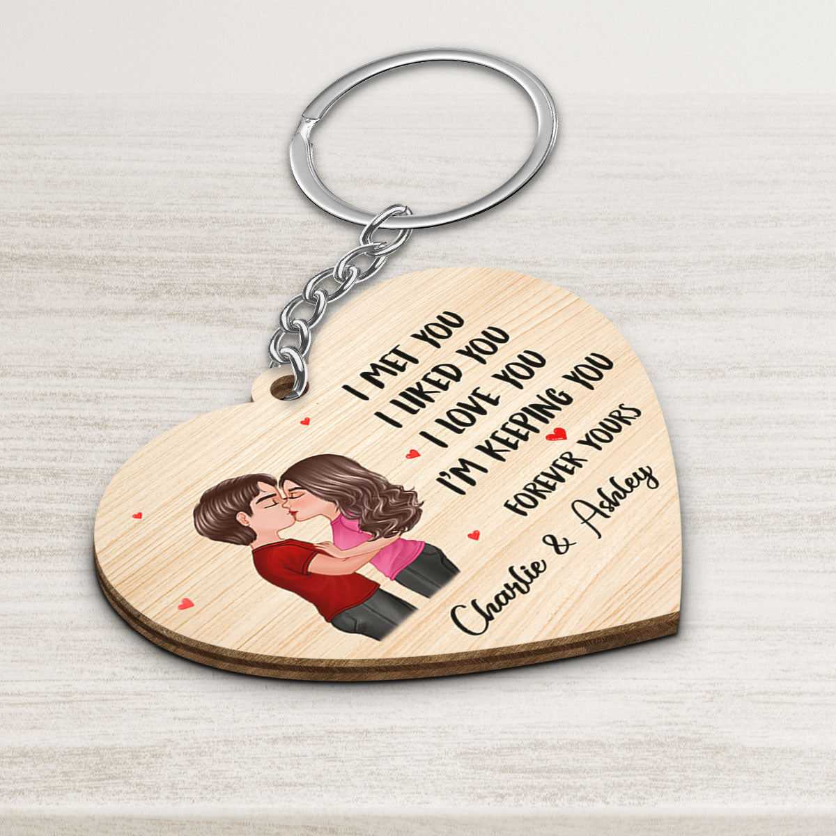Doll Couple Kissing I Met You Gift For Him For Her Personalized Wooden Keychain