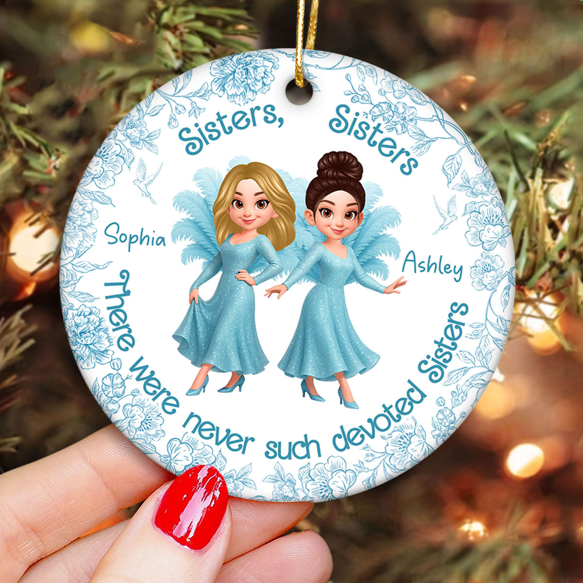Sisters Sisters Besties in Blue Dresses Personalized Circle Ceramic Ornament