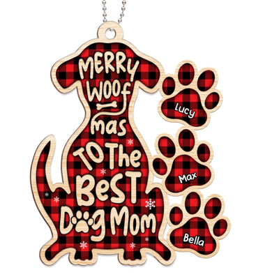 Merry Woofmas Dog Paw Checkered Personalized Wooden Ornament