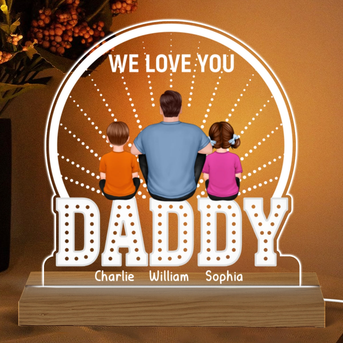 Back View Man Sitting With Kids Dogs Cats Sitting On Words Personalized Custom Shape Acrylic Plaque Warm LED Night Light