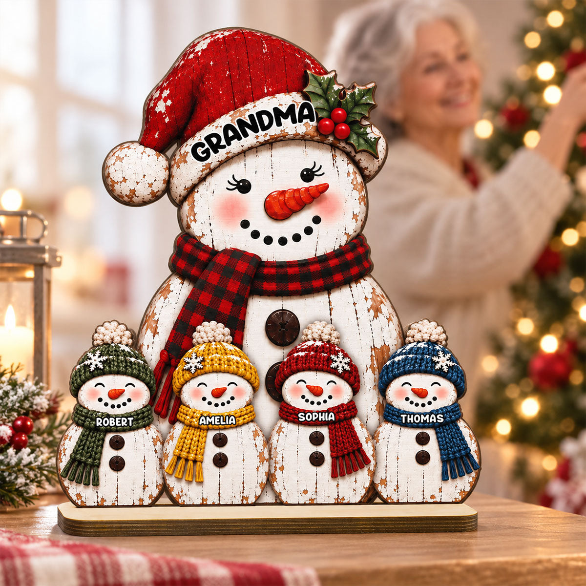 Rustic Grandma Grandkids Snowman - Personalized 2-Layered Wooden Plaque - Christmas Decor For Grandma, Mom