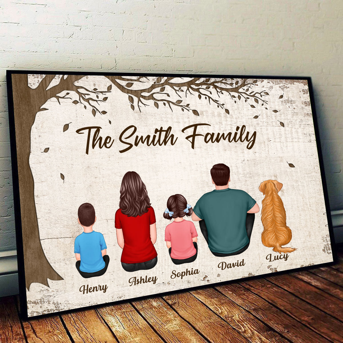Whole Back View Family Grandma Grandpa Dad Mom Kids Dogs Cats Sitting Under Tree Personalized Horizontal Poster