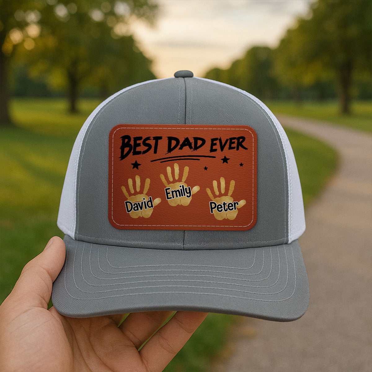 Best Dad Ever Handprints Personalized Leather Patch Hat