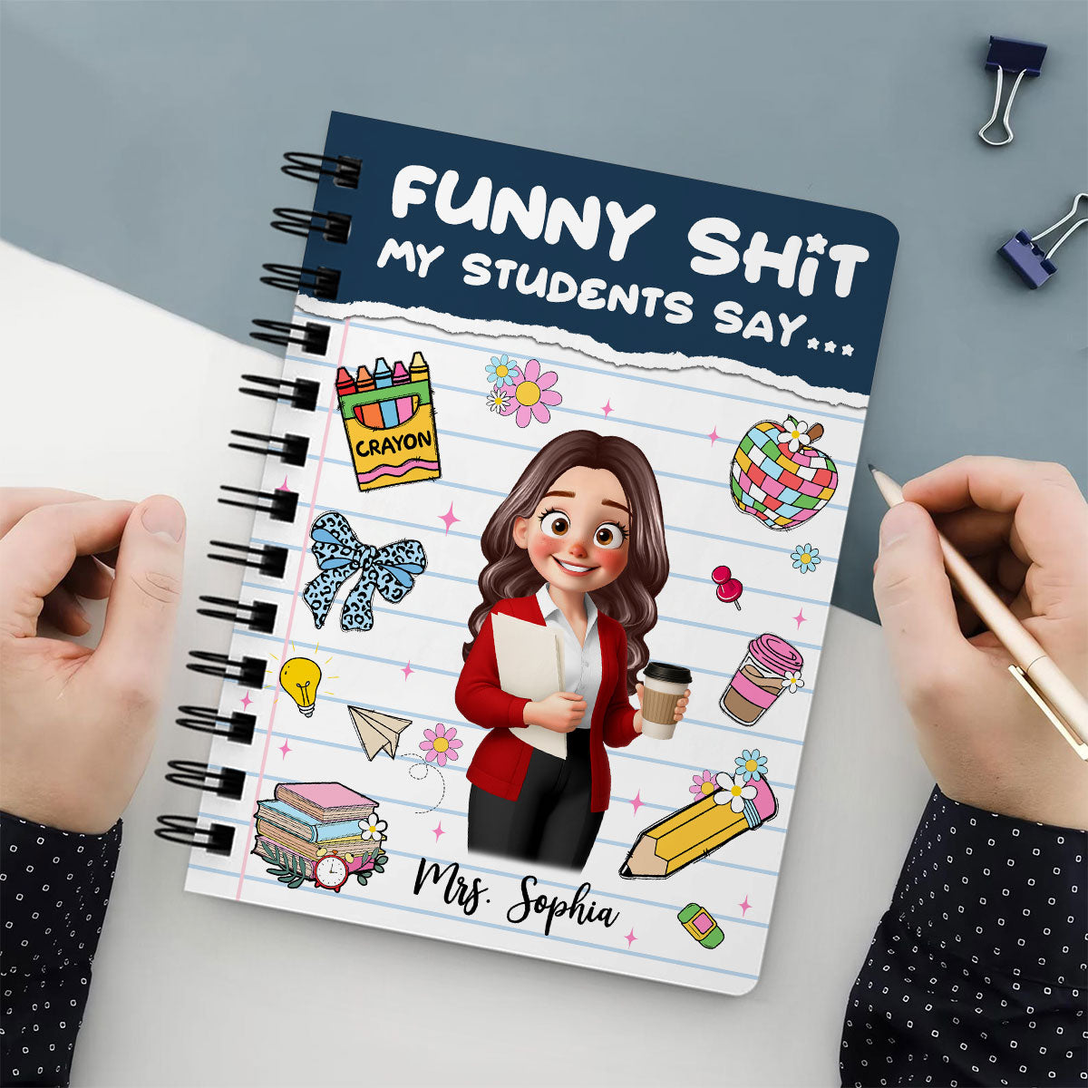 Funny Shit My Students Say Cute Cartoon Teacher Personalized Spiral Notebook Journal