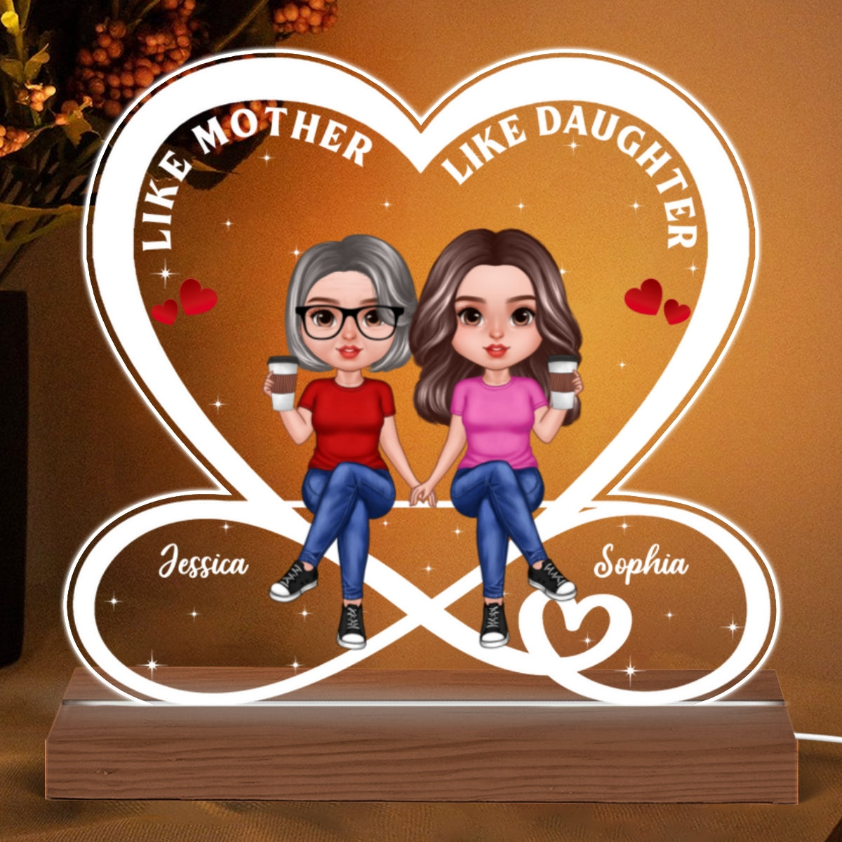 Realistic Doll Mother Daughter Infinity Heart Personalized Acrylic Custom Shape LED Night Light