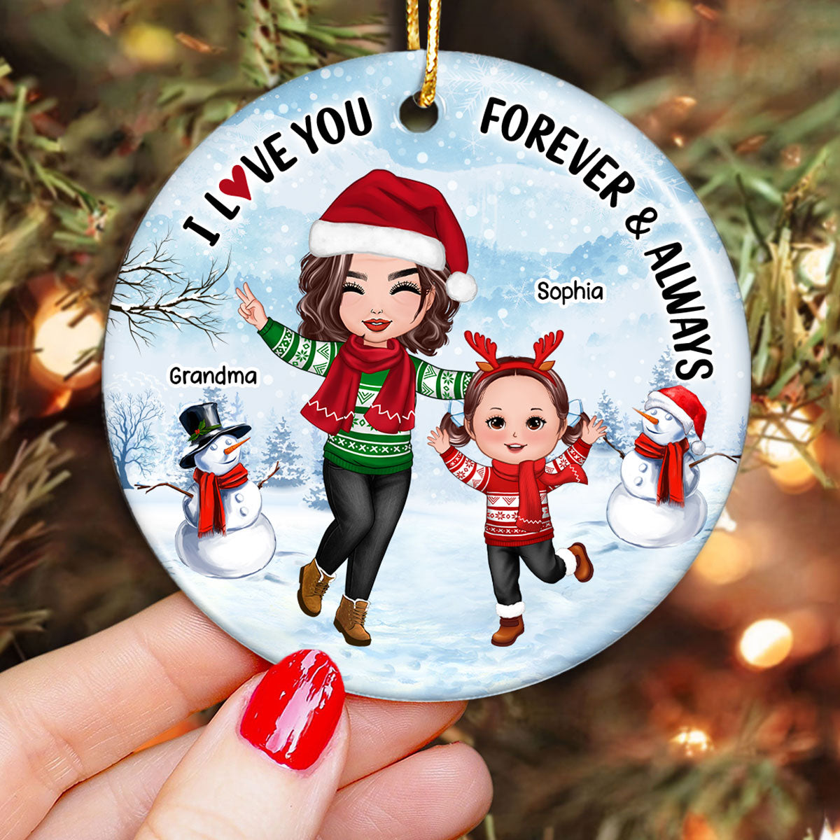 Happy Doll Grandma & Grandkid In Snow Christmas Gift For Granddaughter Grandson Personalized Circle Ornament