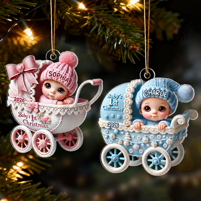 3D Effect Newborn Baby In Carriage Christmas Personalized Flat Acrylic Ornament, Christmas Gift For Newborns, New Parents