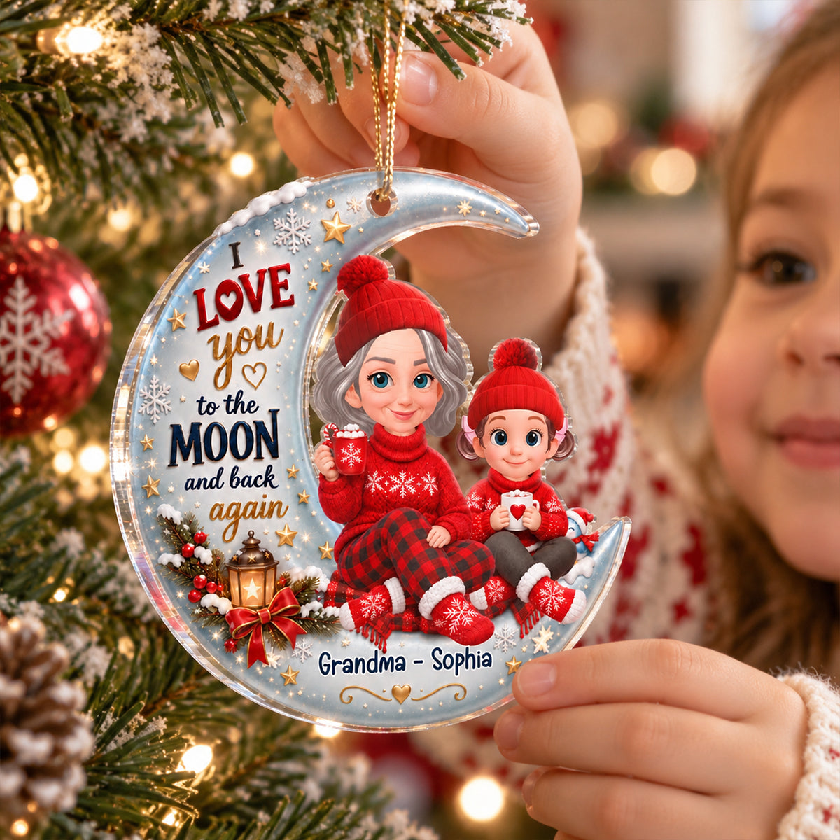 Cute Grandma Grandkids Sitting on Moon - Personalized Acrylic Ornament - Christmas Gift for Grandkids, Grandma