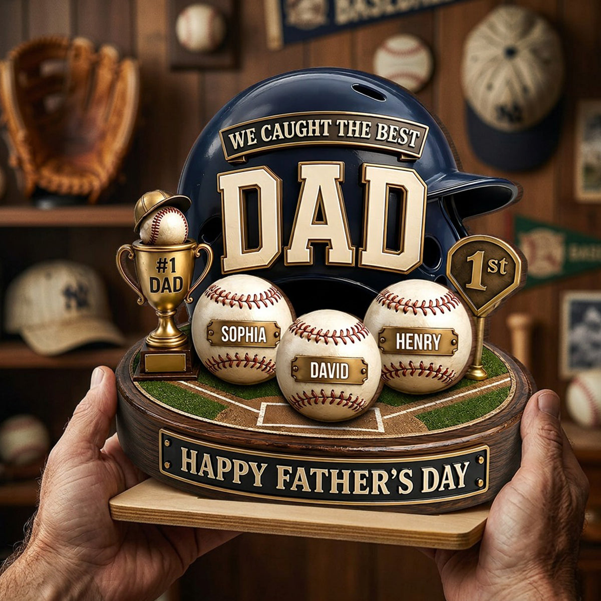 Baseball Trophy We Caught The Best Dad - Personalized 2-Layered Wooden Plaque - Father's Day Gift For Dad, Husband