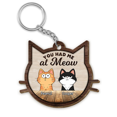 Cat Face Shaped Funny Cat Expressions Personalized Wooden Keychain