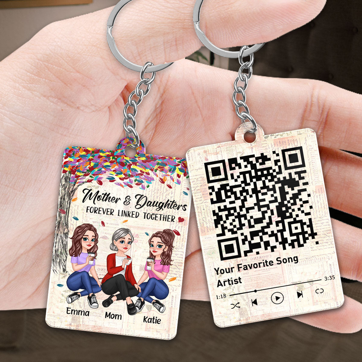 Pretty Cartoon Mother Daughter Sitting Under Colorful Tree Favorite Song QR Code Personalized Acrylic Keychain