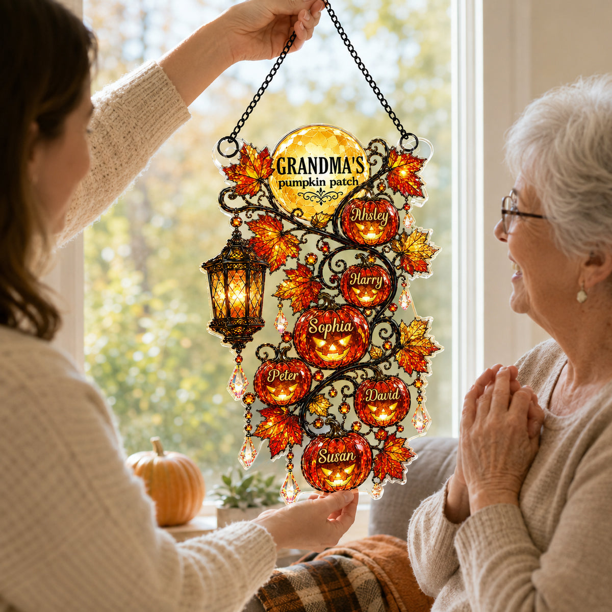 Grandma's Pumpkin Patch - Personalized Acrylic Window Hanging - Halloween Fall Decor for Grandma