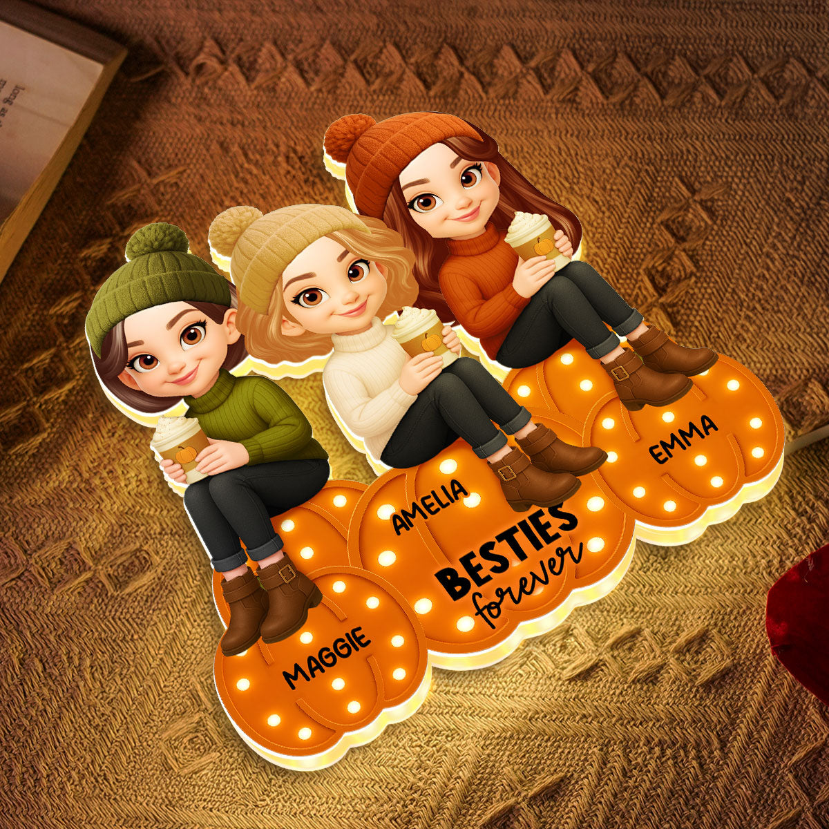 Besties Sisters Sitting On Pumpkins Marquee Pattern Effect Personalized LED Light Box, Cozy Fall Vibe Home Decoration