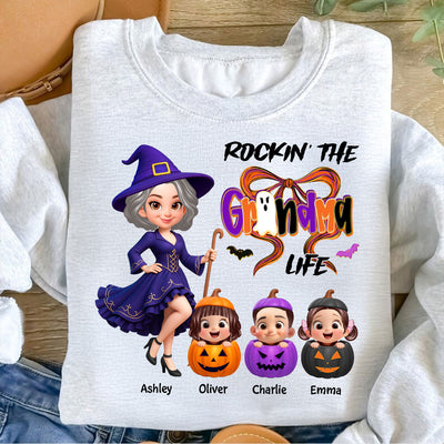 Rockin' Grandma Life Halloween Coquette Bow Grandkids Pumpkins Personalized Sweatshirt