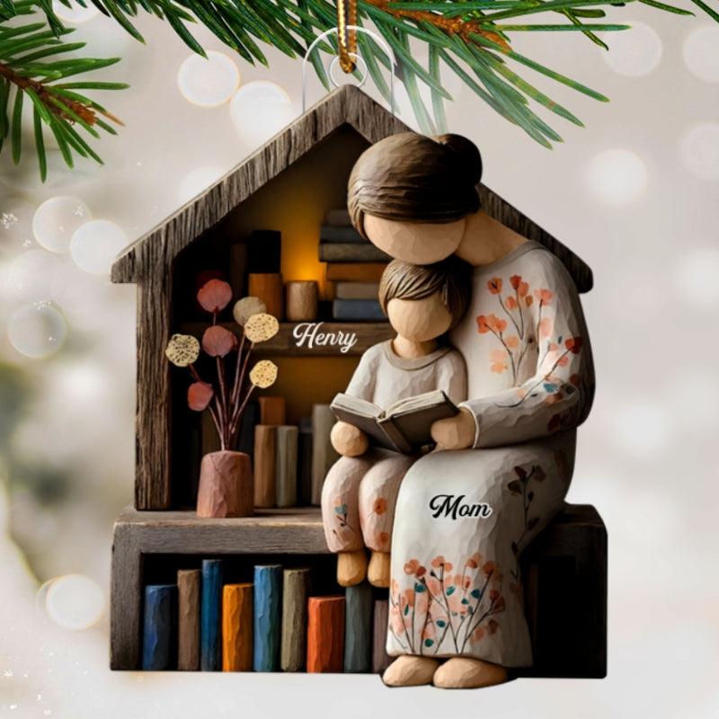 Mom And Daughter Son Reading Book Faux Wood - Personalized Acrylic Ornament - Heartwarming Christmas Gift For Mom, Family