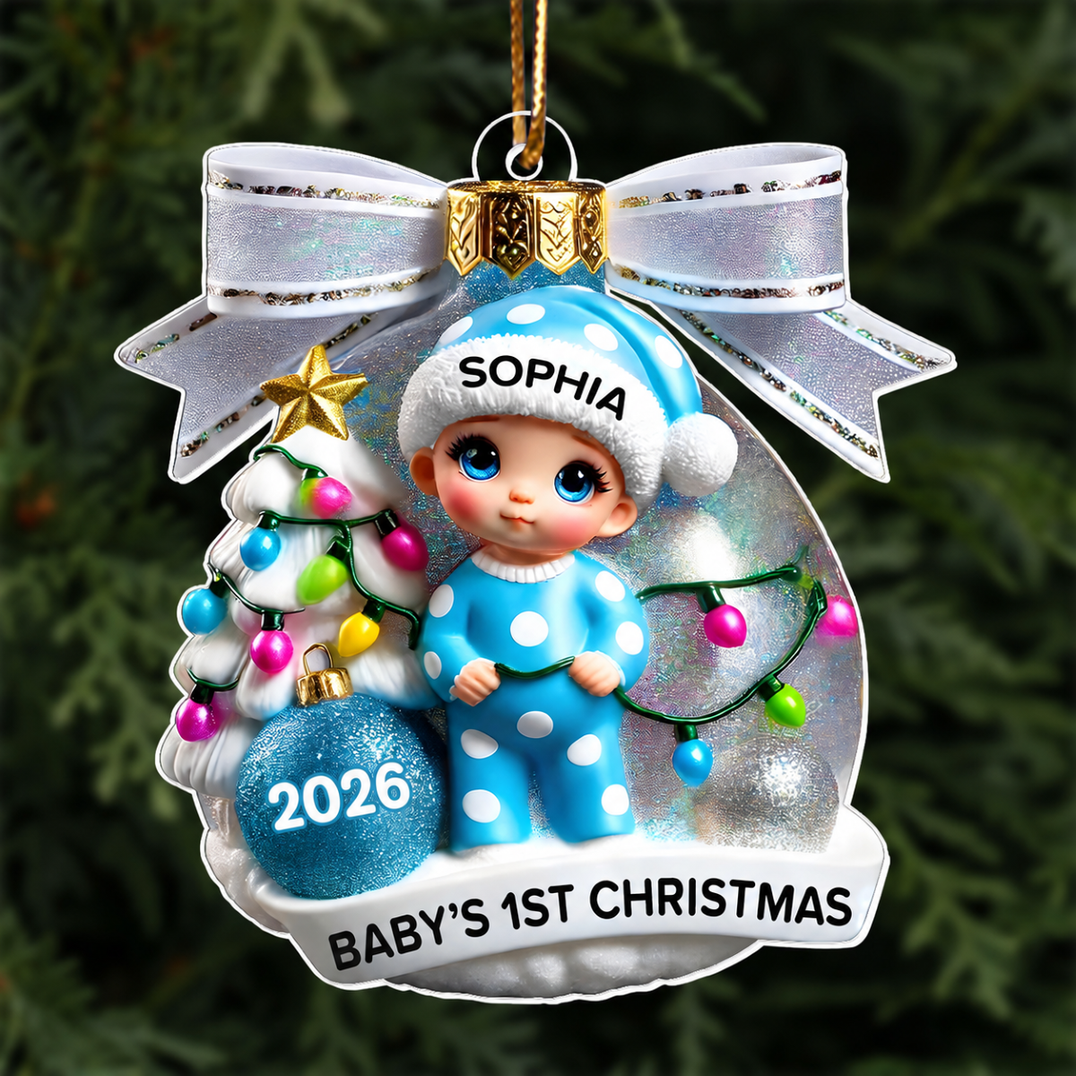 Baby First Christmas 3D Effect Personalized Acrylic Ornament, Christmas Tree Bow, New Parents Keepsake, Gift for Newborn