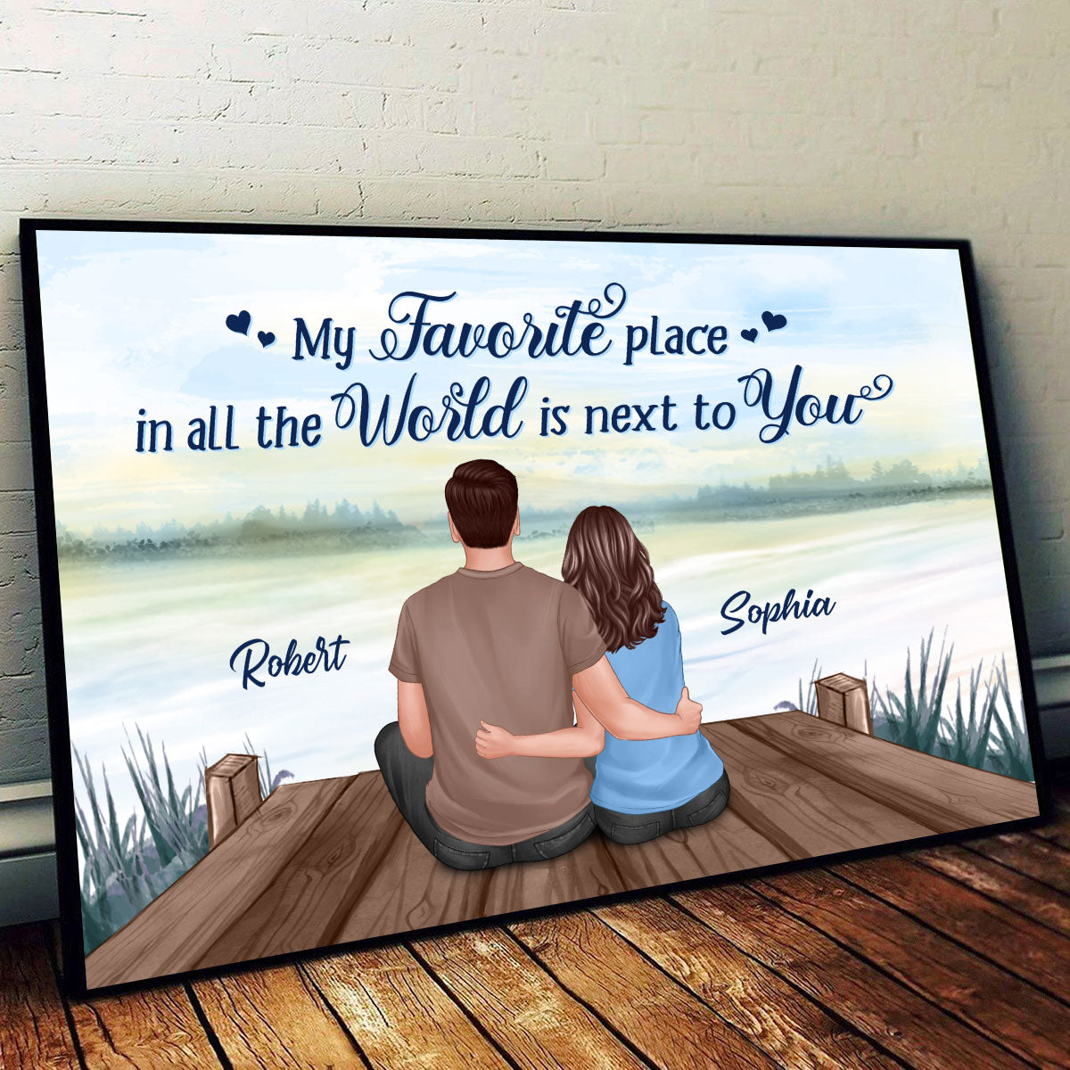 Couple Sitting Back View Lake Personalized Horizontal Poster