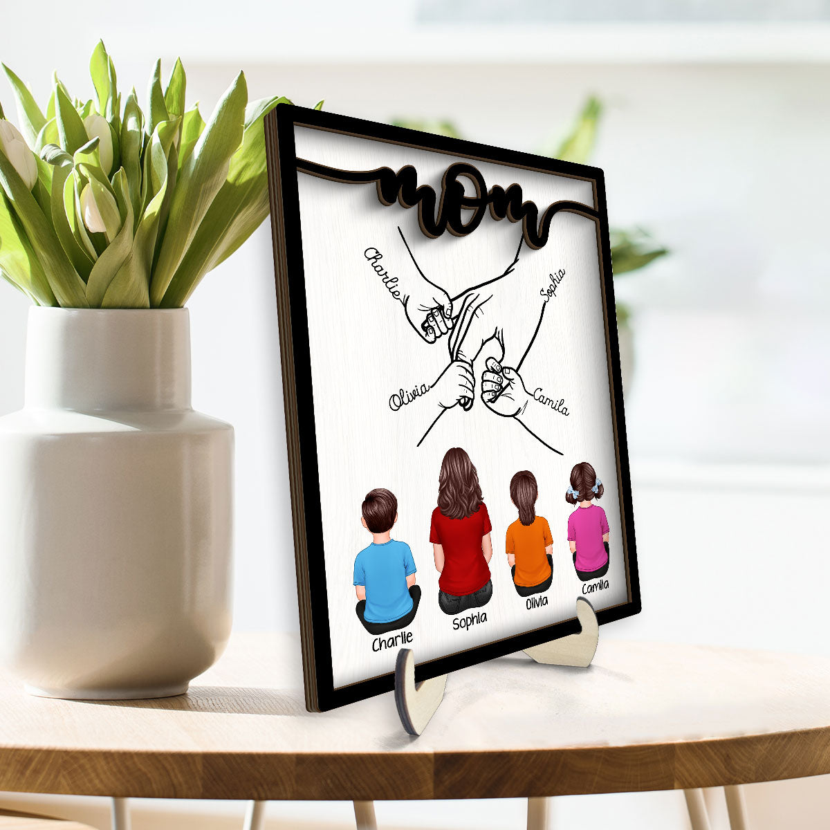 Mom And Kids Holding Hands Personalized 2-Layer Wooden Plaque