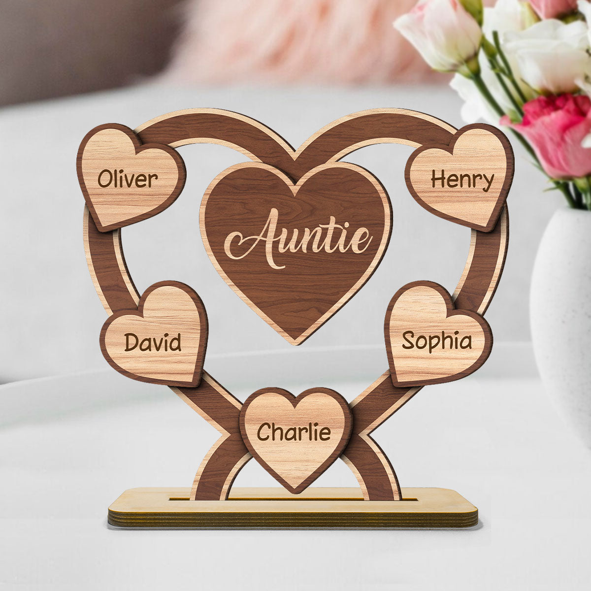 Grandma Mom Hearts Personalized 2-Layered Standing Wooden Plaque, Gift