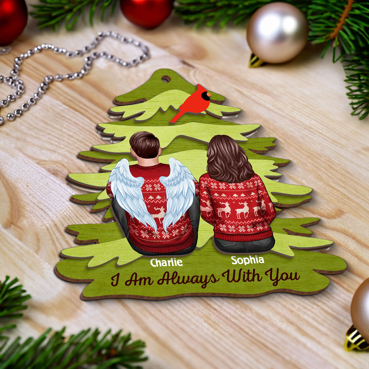 Rustic Red Cardinal I Am Always With You Personalized Christmas 2-Layer Wooden Ornament