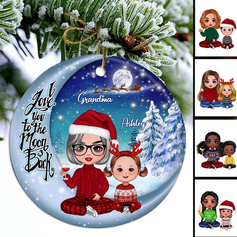 Doll Grandma Grandkids Christmas Moon Night Personalized Circle Ornament