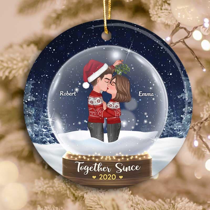 Couple Under Mistletoe Snow Globe Personalized Circle Ornament