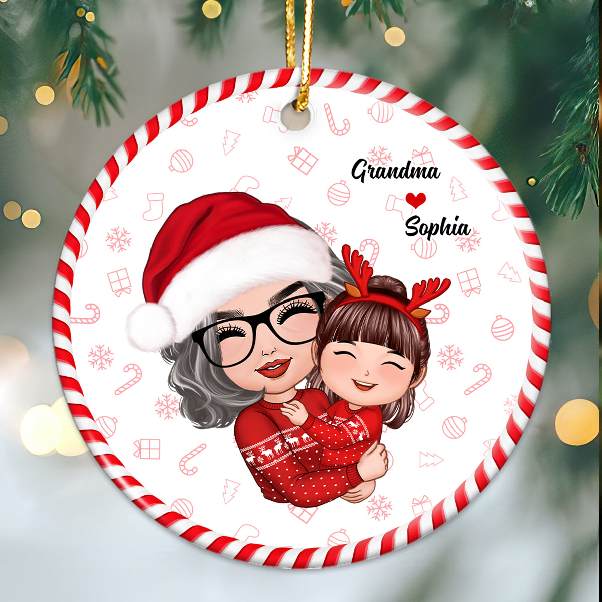 Christmas Pattern Doll Grandma Mom Hugging Kid Gift For Granddaughter Grandson Personalized Circle Ornament