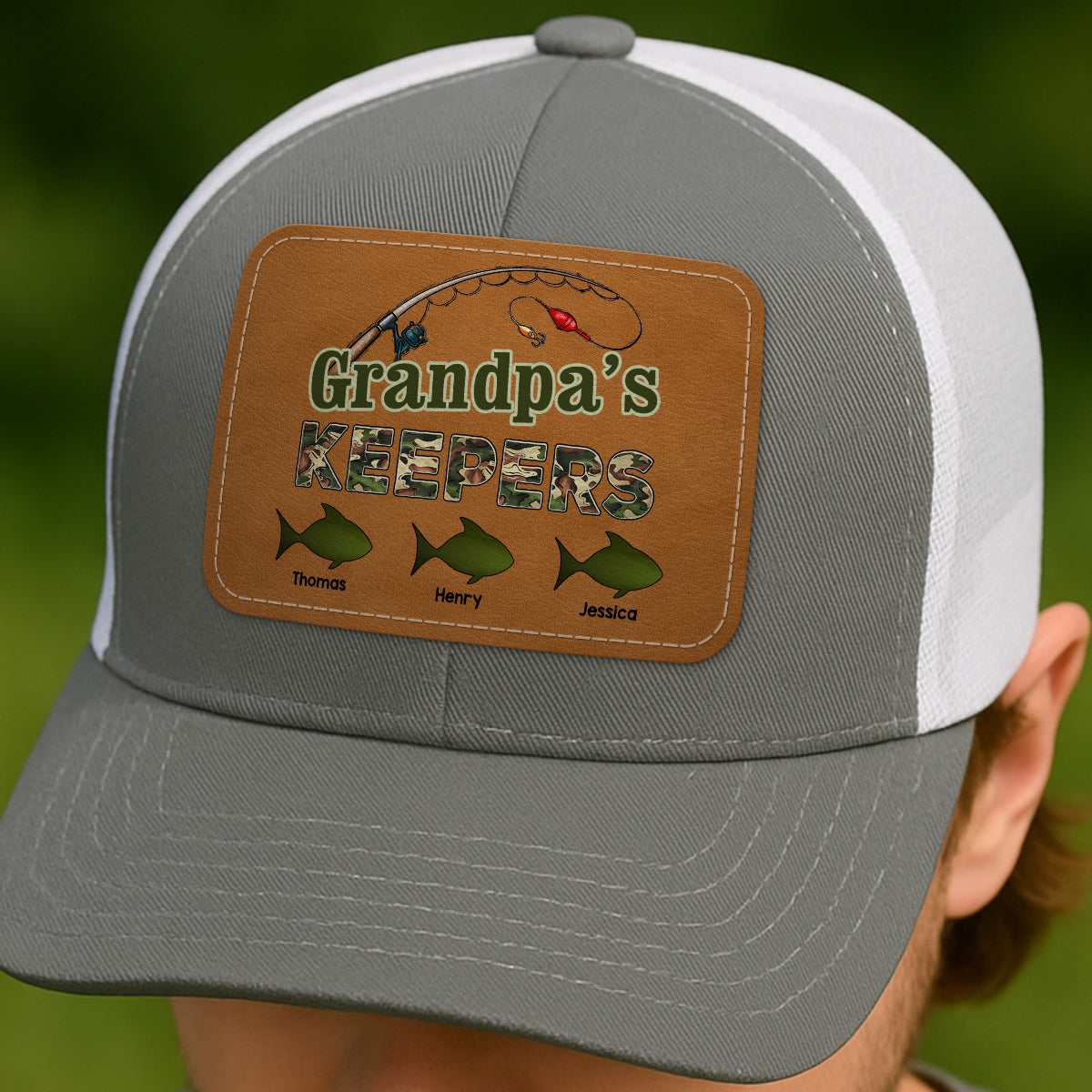 Grandpa‘s Keepers Fishing Camouflage Personalized Leather Patch Hat