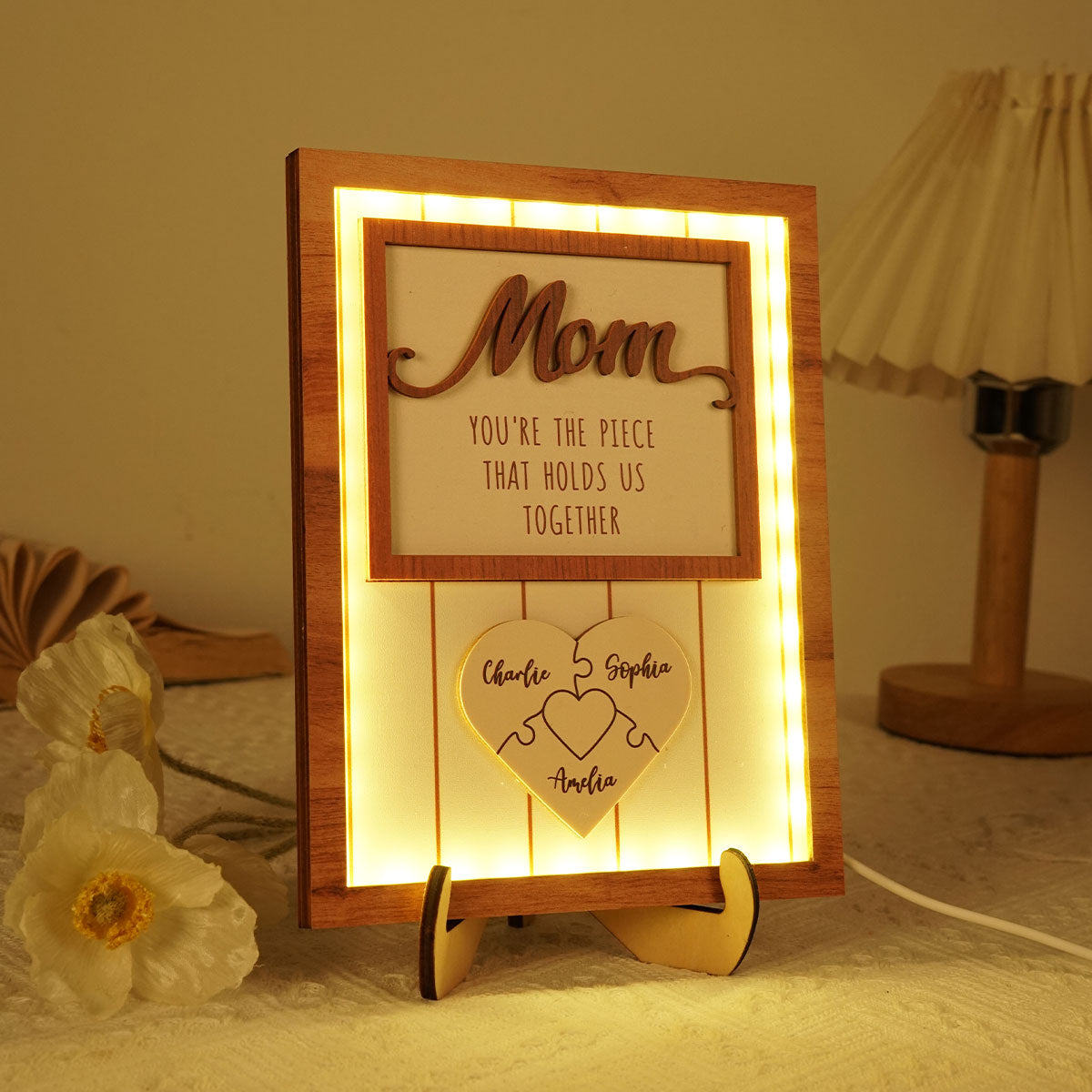 Mom You're The Piece that Holds Us Together Personalized 2-Layered Wooden Plaque with LED, Heartfelt Gift for Mom, Grandma