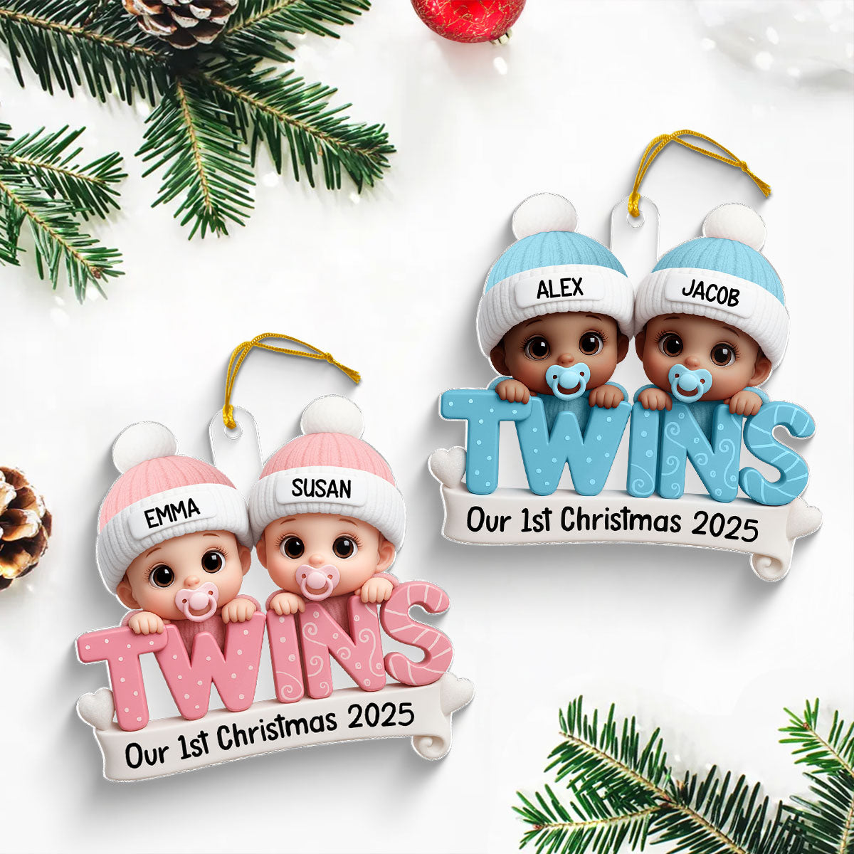 TWINS! Baby’s First Christmas Baby Blue Boy Pink Girl Custom Personalized Christmas Ornament Gift
